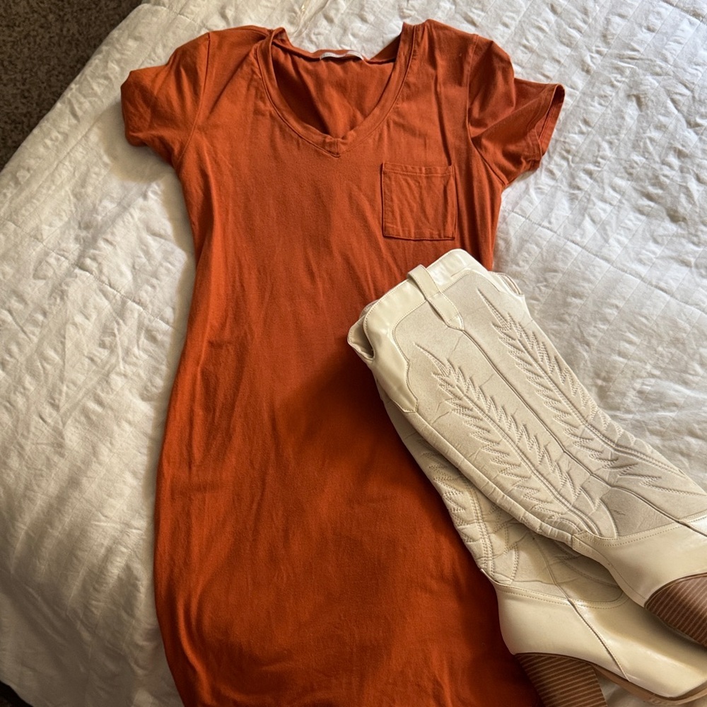 Orange V-Neck t shirt Dress